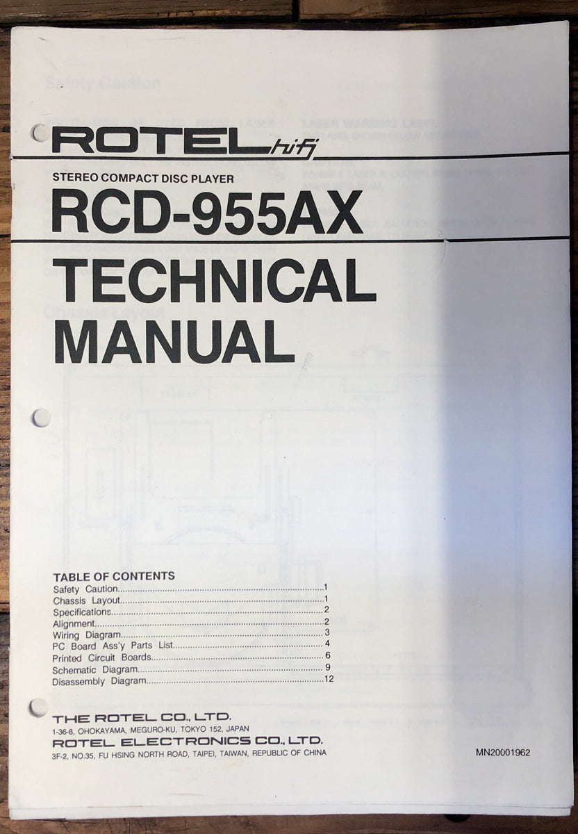 Rotel RCD-955AX CD Player  Service Manual *Original*