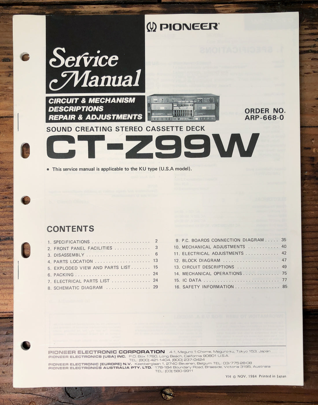 Pioneer CT-Z99W Cassette Deck Service Manual *Original*