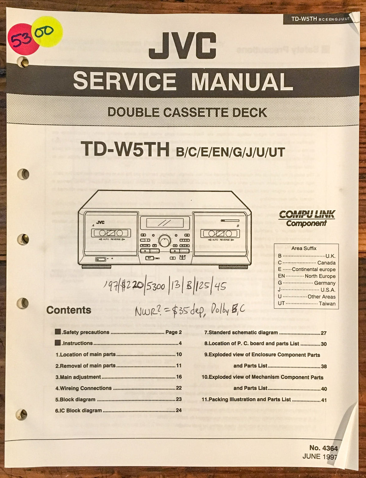 JVC TD-W5 TH TD-W5TH Cassette Deck  Service Manual *Original*