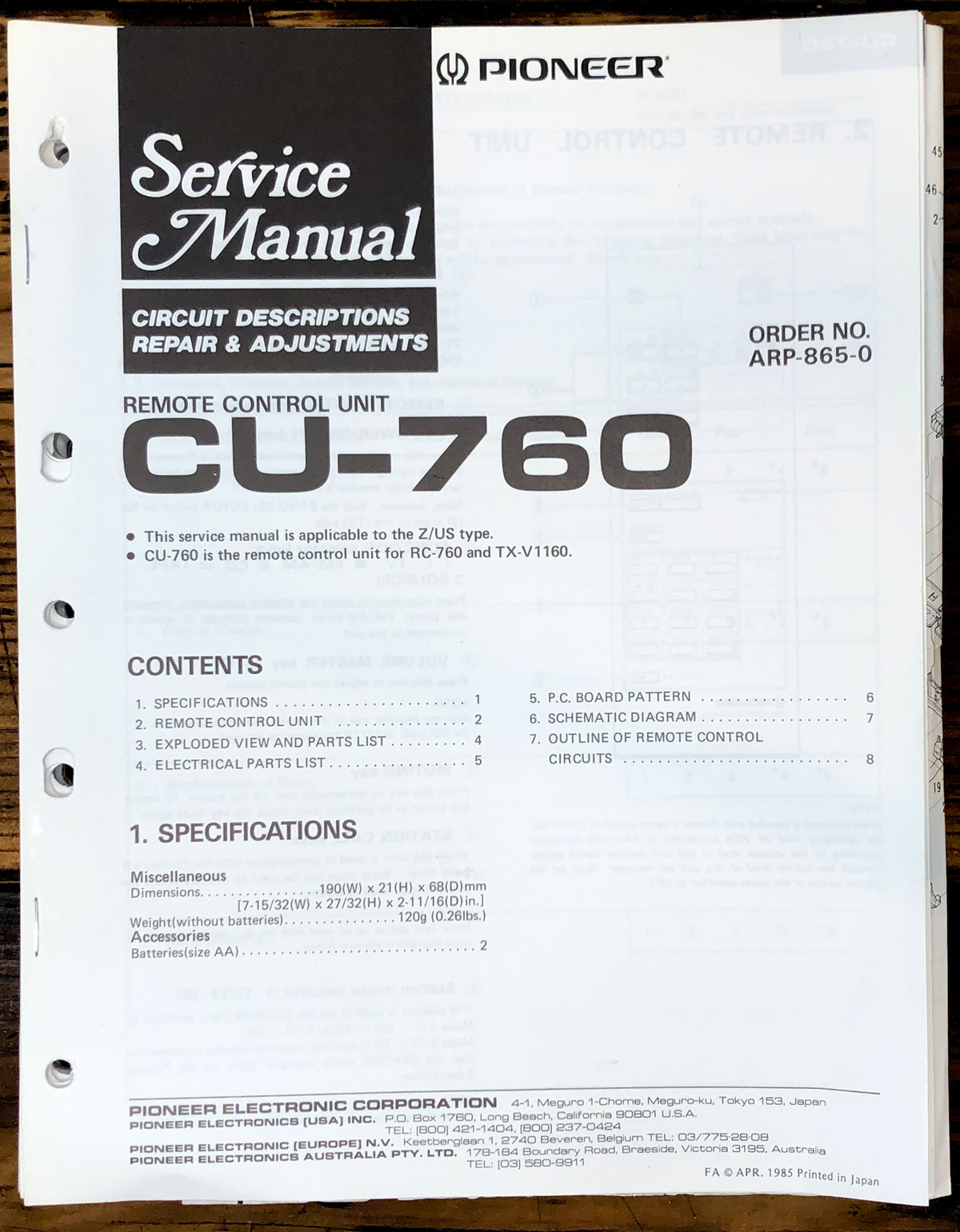 Pioneer CU-760 Remote Control Service Manual *Original*
