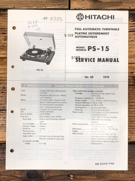 Hitachi PS-15 Record Player / Turntable  Service Manual *Original*