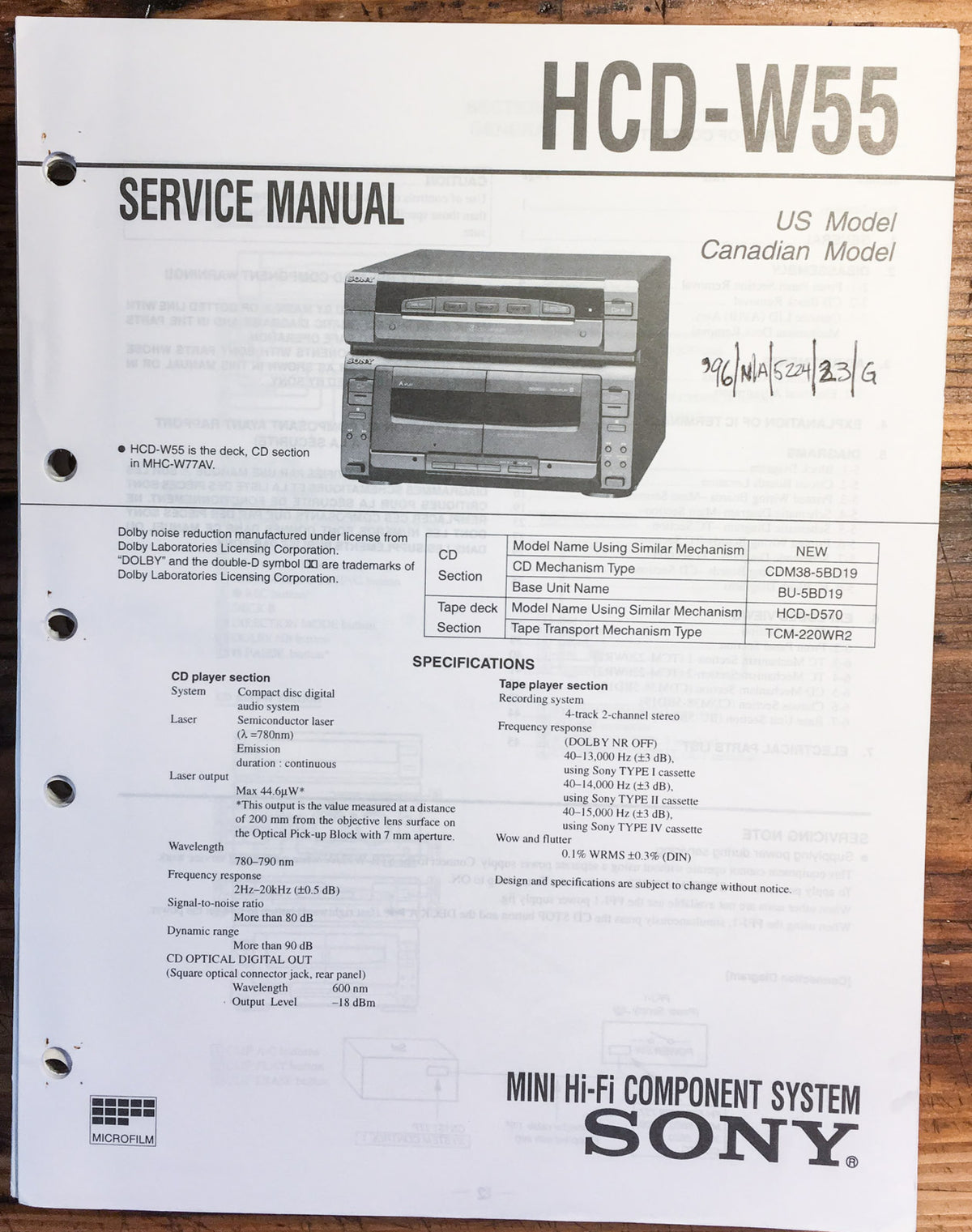 Sony HCD-W55 Stereo  Service Manual *Original*