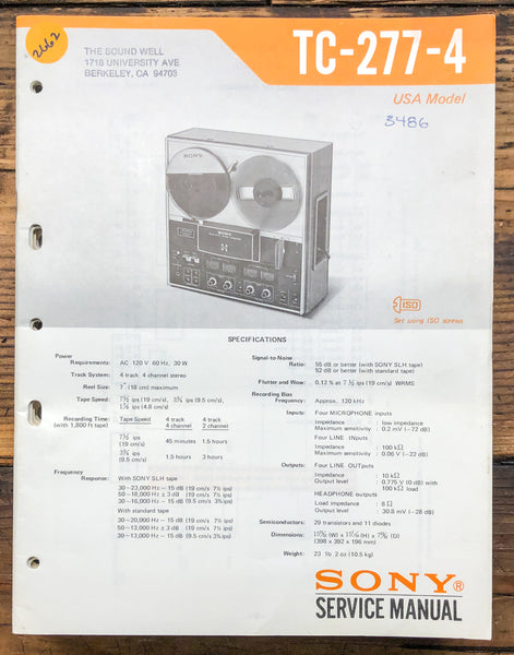 Sony TC-277-4 TC-277 4 Reel to Reel  Service Manual *Original*