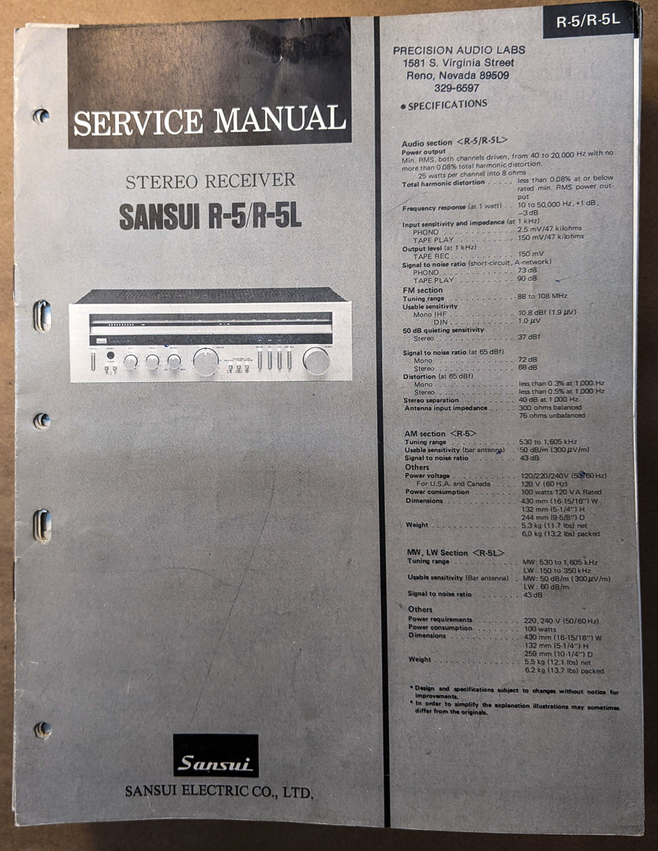 Sansui R-5 R-5L Receiver Service Manual *Original*
