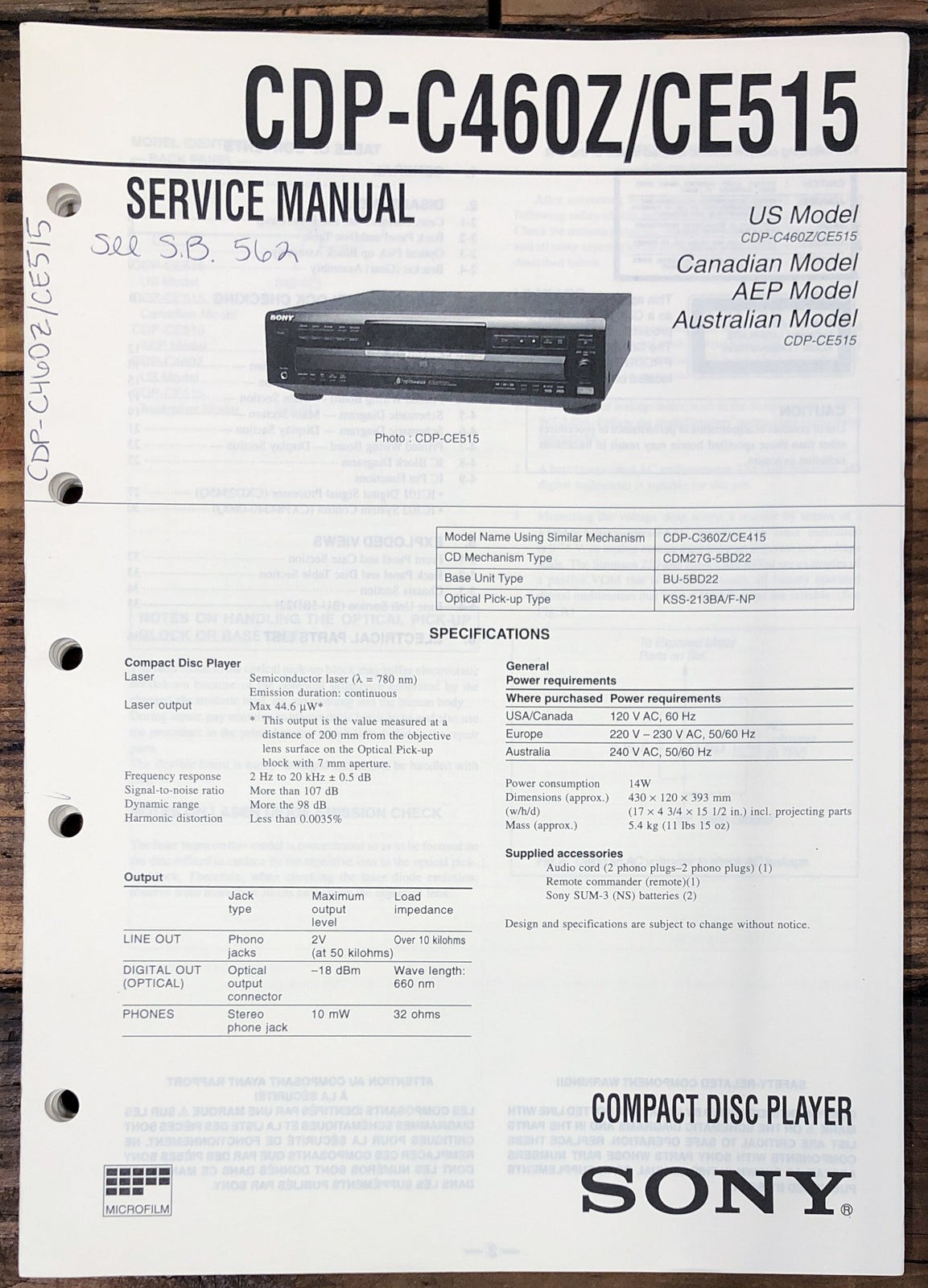 Sony CDP-C460Z CDP-CE515 CD Player  Service Manual *Original*