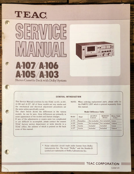 Teac A-103 105 106 107 Cassette  Service Manual *Original*