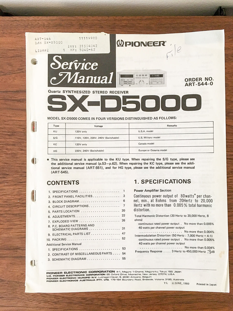 Pioneer SX-D5000 Receiver Service Manual *Original*