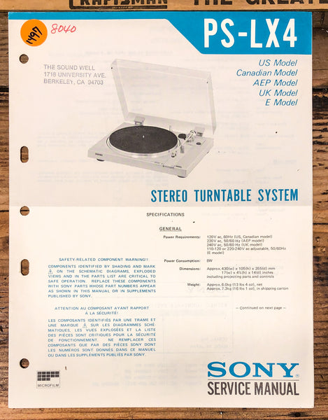 Sony PS-LX4 Record Player / Turntable  Service Manual *Original*