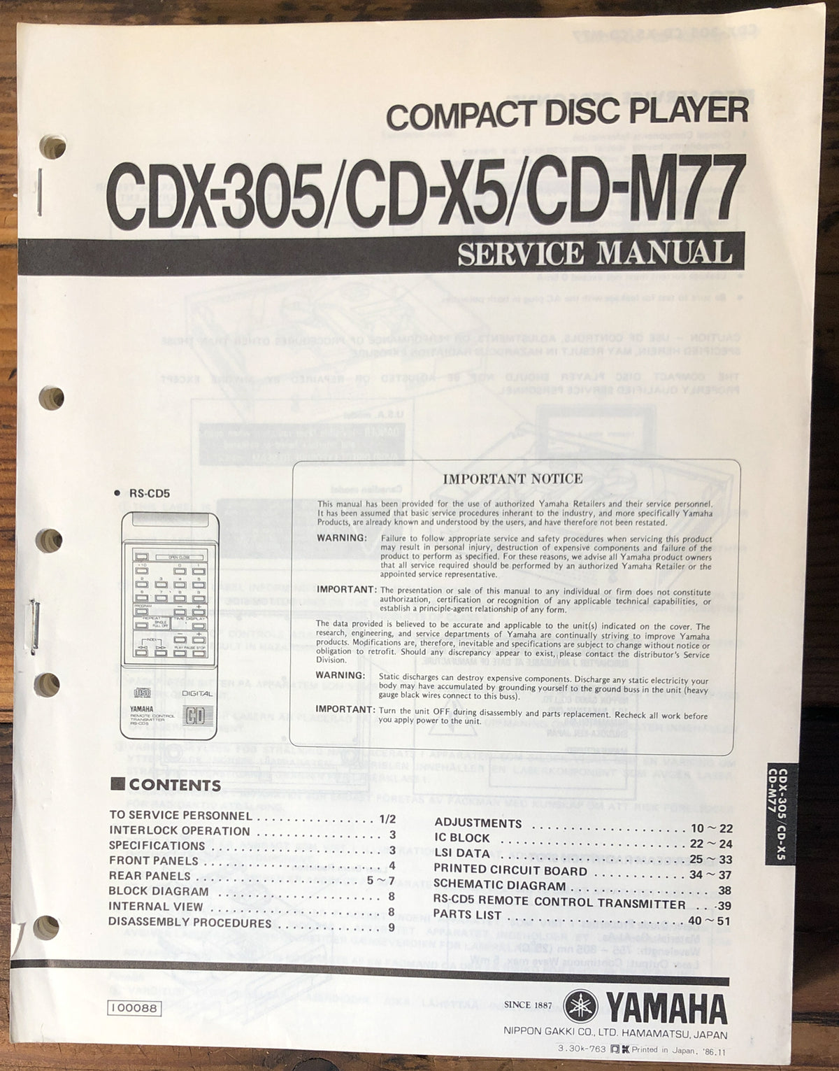 Yamaha CDX-305 CD-X5 CD-M77 CD Player  Service Manual *Original*