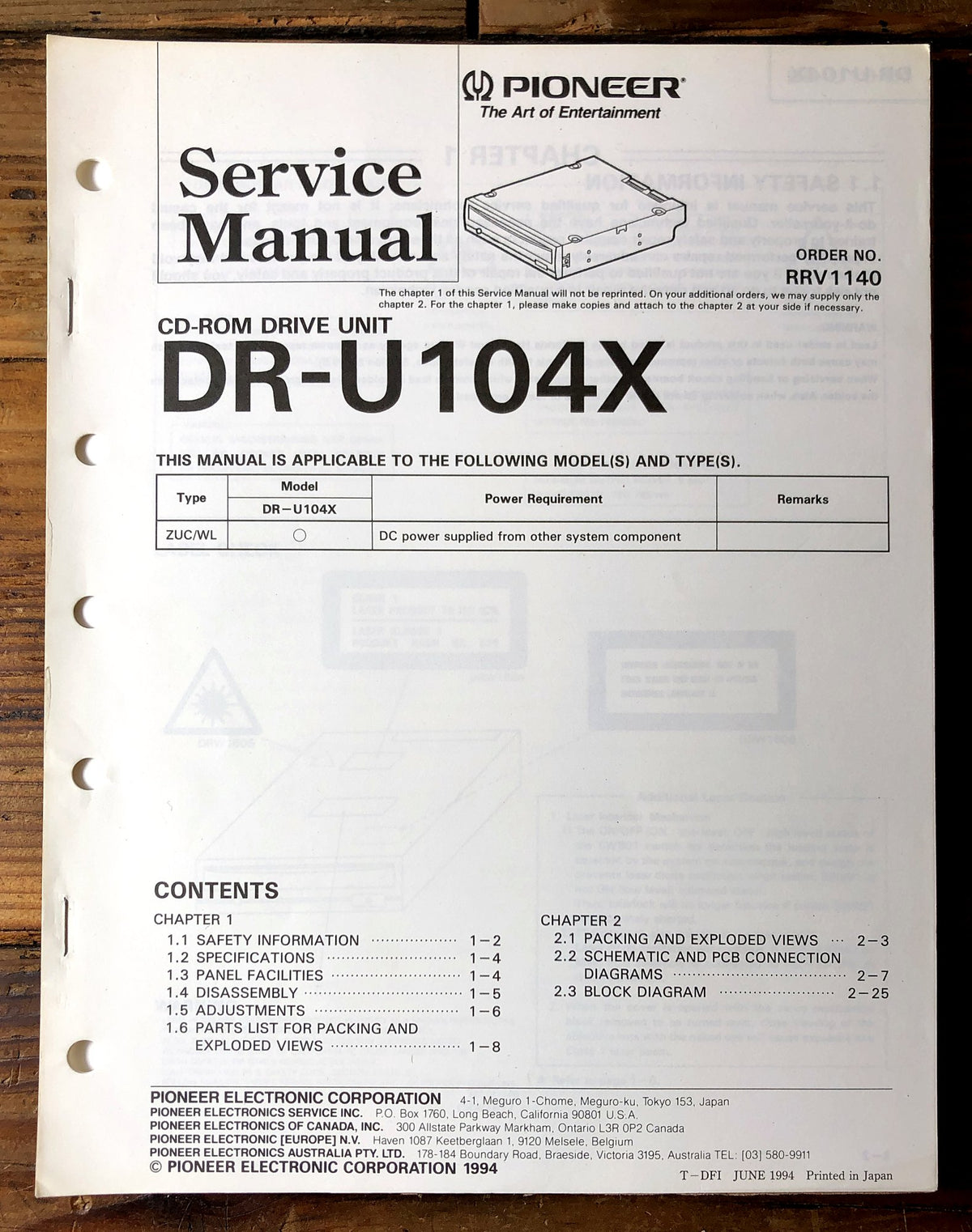 Pioneer DR-U104X CD-ROM Drive Unit Service Manual *Original*