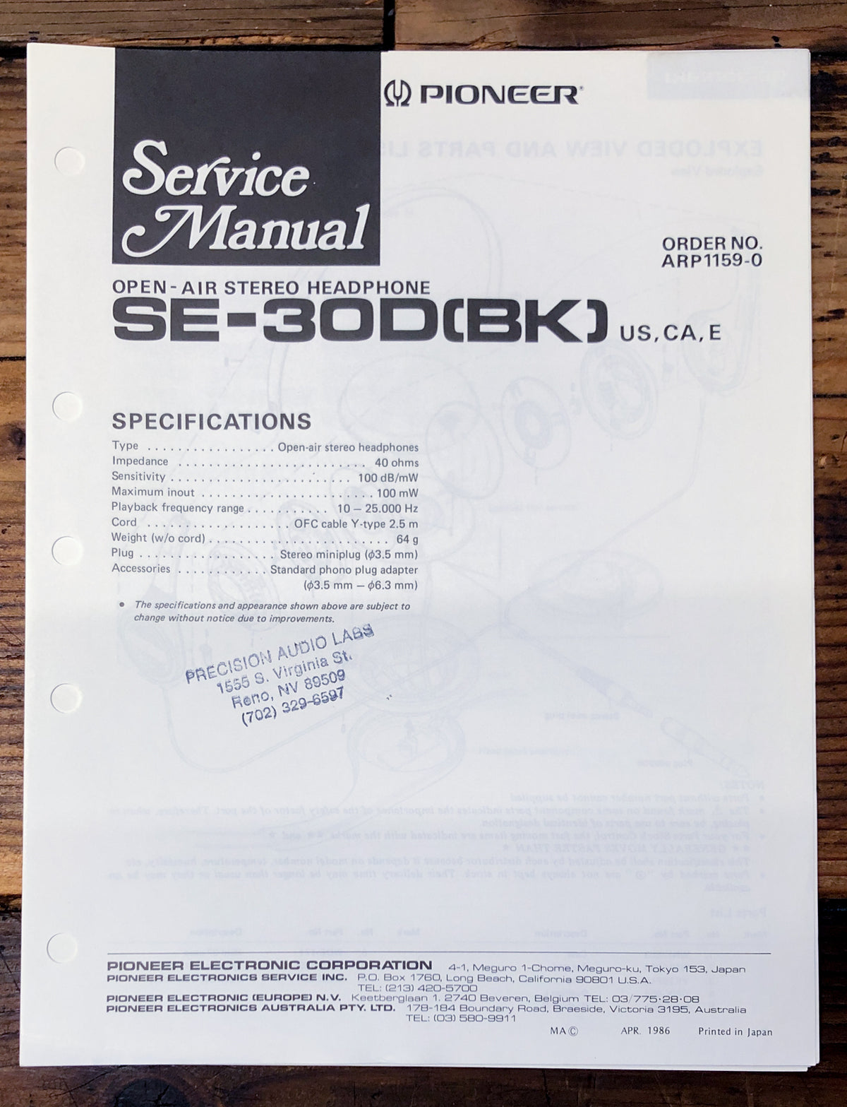 Pioneer SE-30D Headphones  Service Manual *Original*