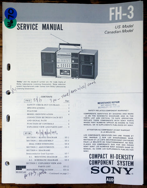 Sony FH-3 Stereo  Service Manual *Original*