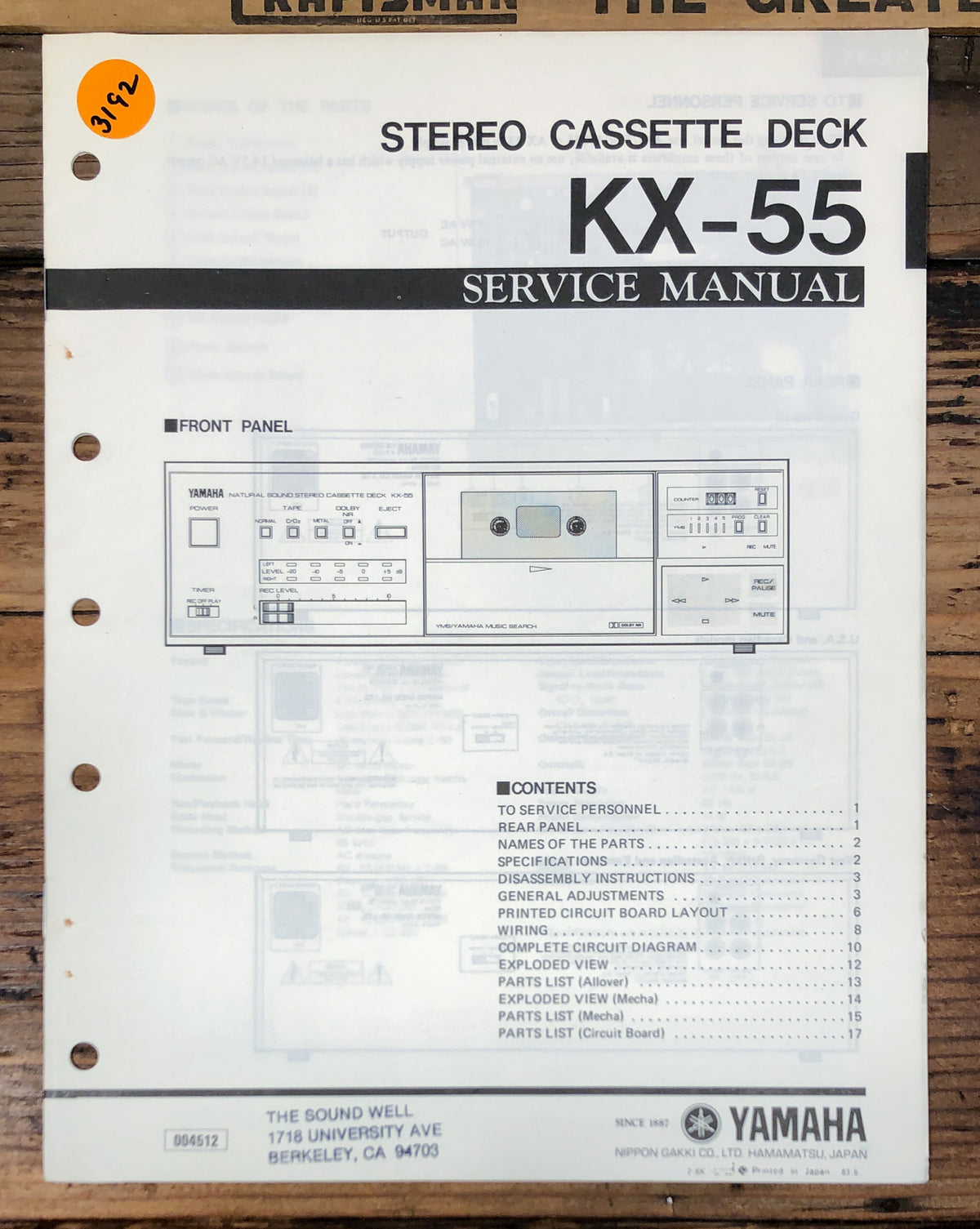 Yamaha KX-55 Cassette  Service Manual *Original*