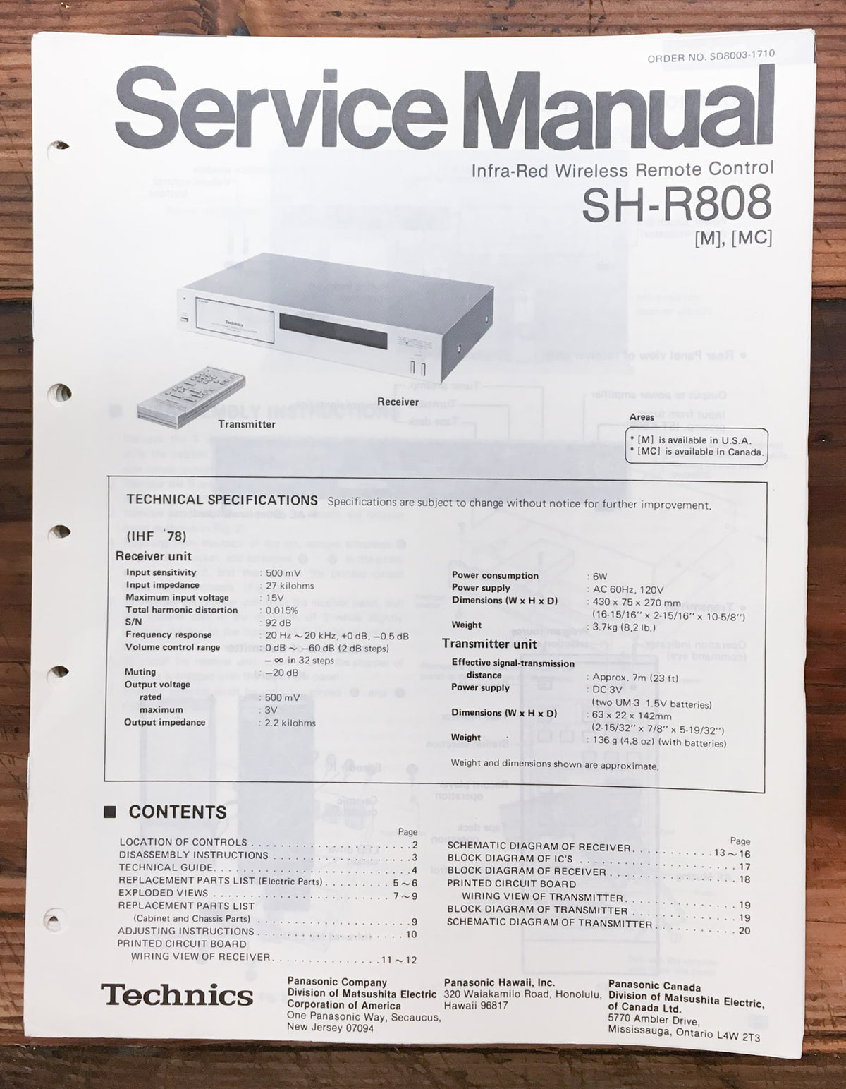 Technics SH-R808 Remote Control  Service Manual *Original*