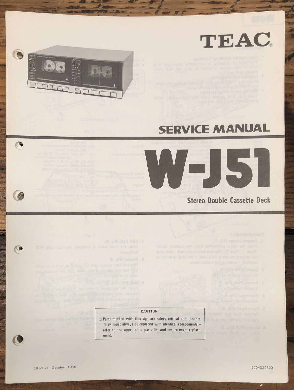 Teac W-J51 Cassette  Service Manual *Original*
