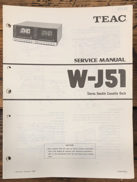 Teac W-J51 Cassette  Service Manual *Original*