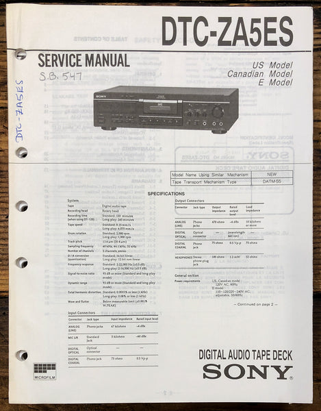 Sony DTC-ZA5ES DAT Tape Deck  Service Manual *Original*