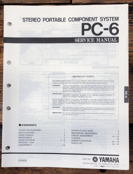Yamaha PC-6 Portable Stereo / Radio  Service Manual *Original*
