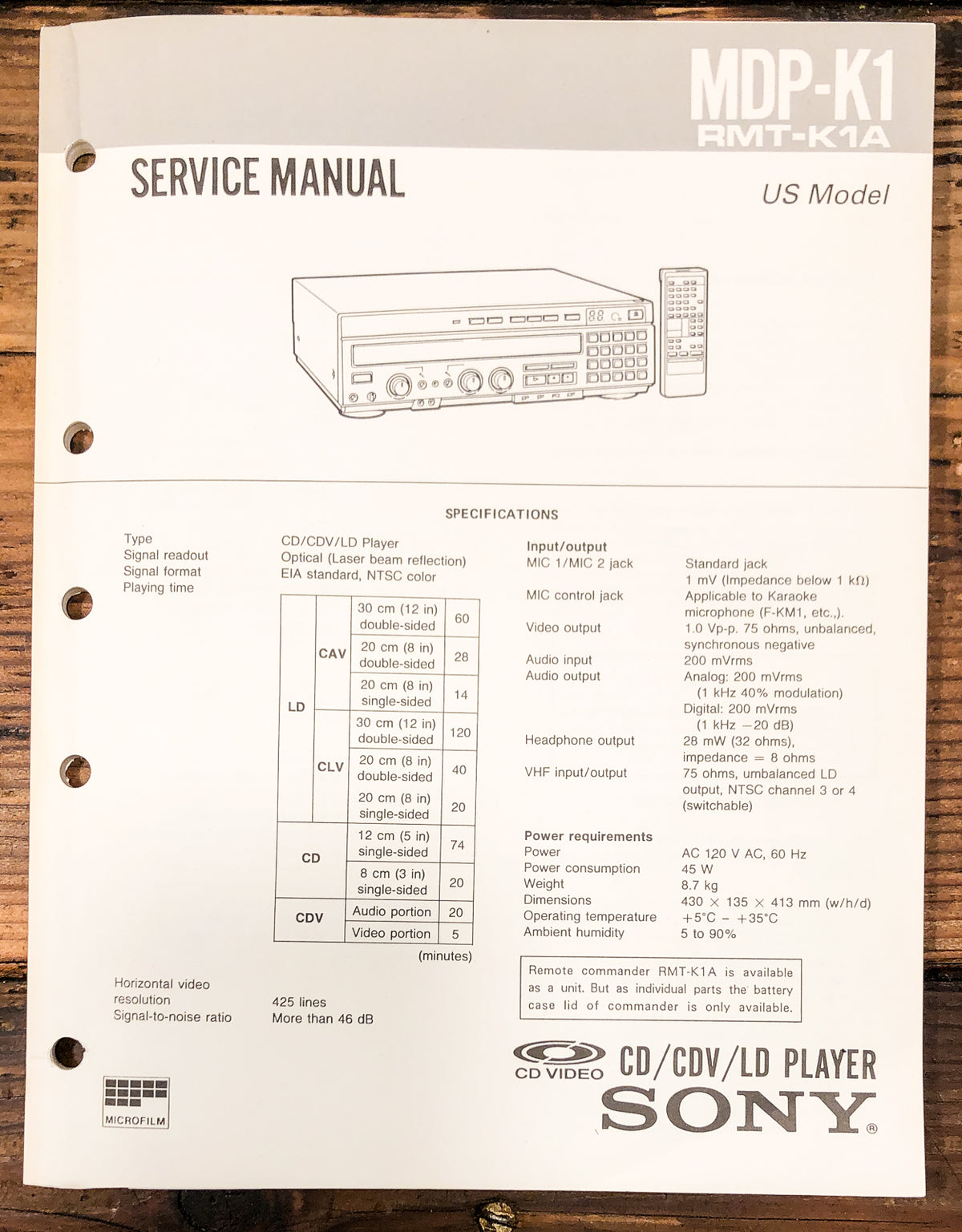 Sony MDP-K1 CD CDV LD Player Service Manual *Original*
