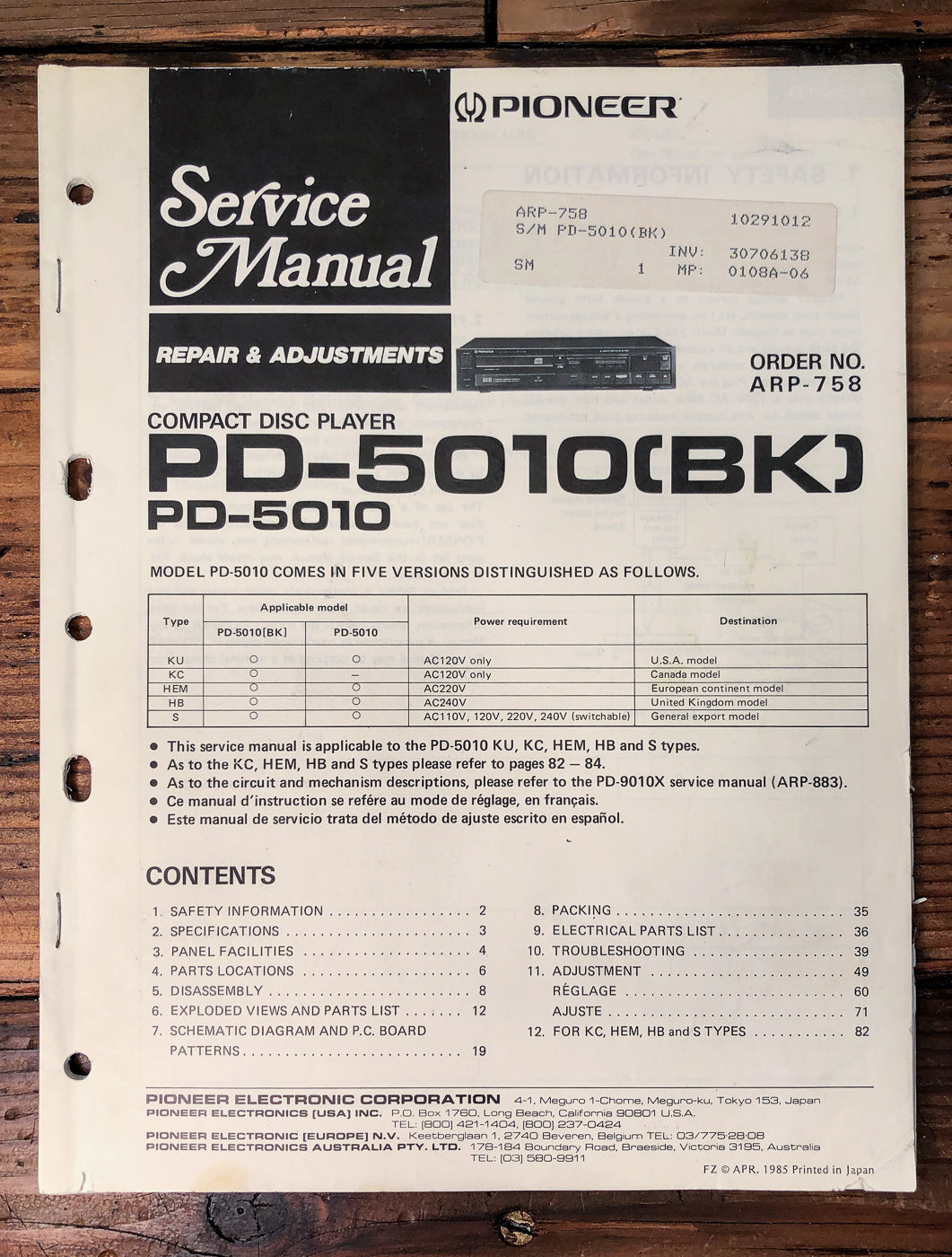 Pioneer PD-5010 CD Player Service Manual *Original*