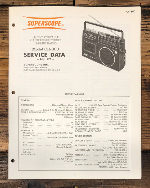 Superscope CR-800 Radio Cassette Service Manual *Original*