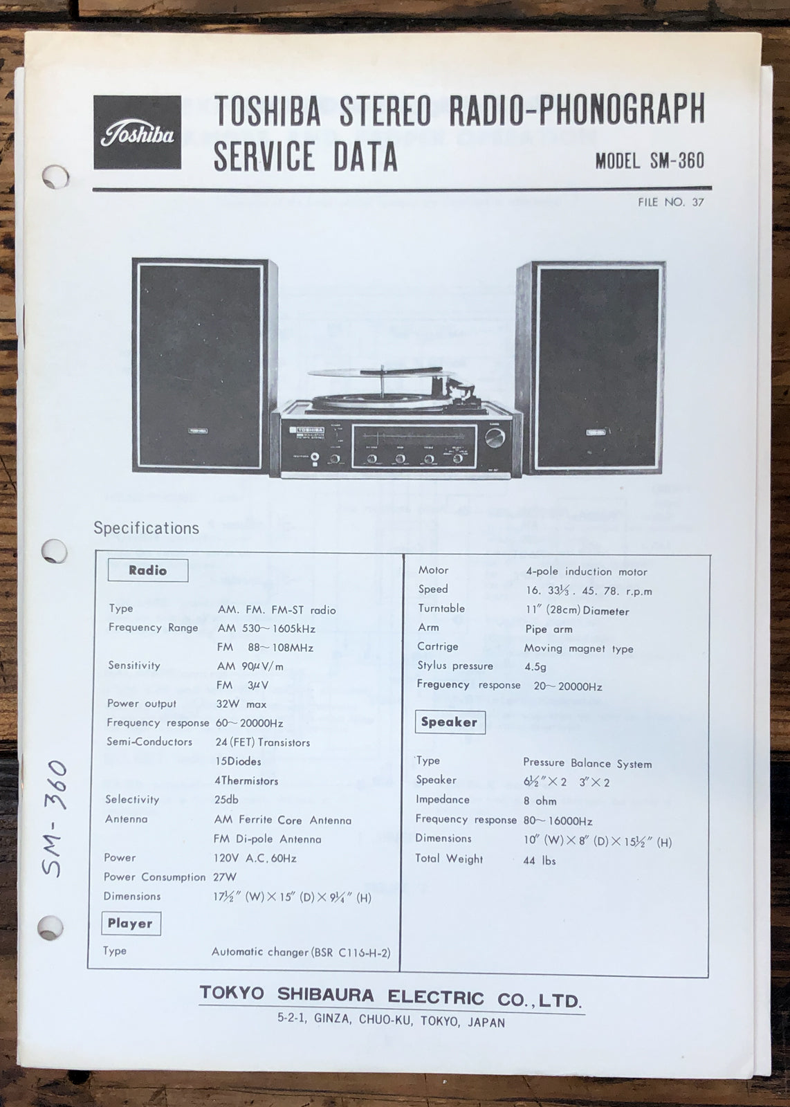 Toshiba SM-360 Stereo Service Manual *Original*