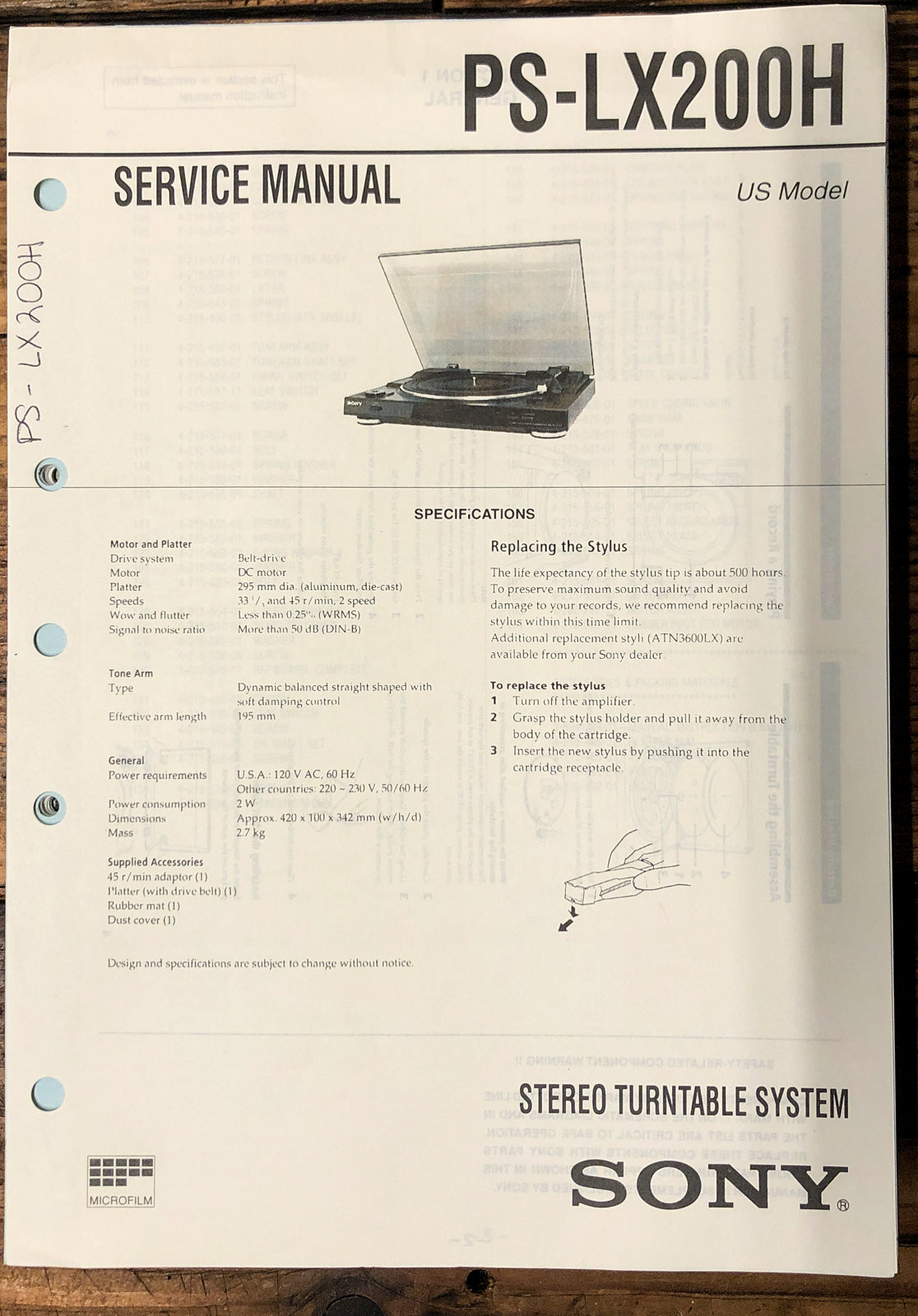 Sony PS-LX200H Record Player / Turntable  Service Manual *Original*