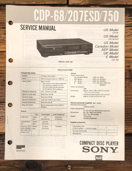 Sony CDP-68 CDP-207ESD CDP-750 CD Player Service Manual *Original*