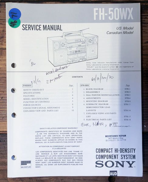 Sony FH-50WX Stereo  Service Manual *Original*