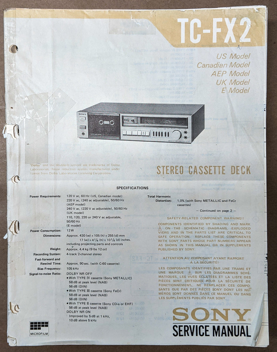 Sony TC-FX2 Cassette Service Manual *Original*