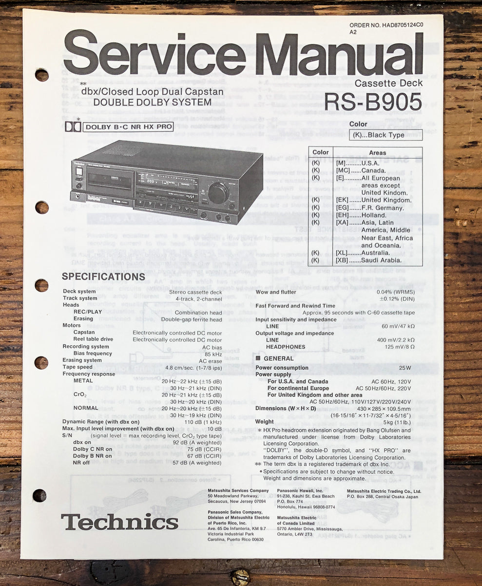 Technics RS-B905 Cassette Service Manual *Original*