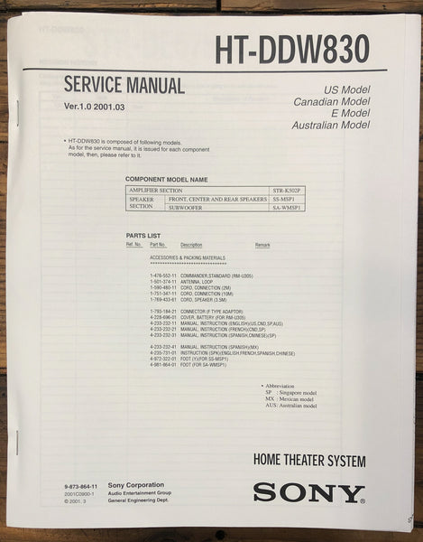 Sony HT-DDW830 Home Theater  Service Manual *Original*