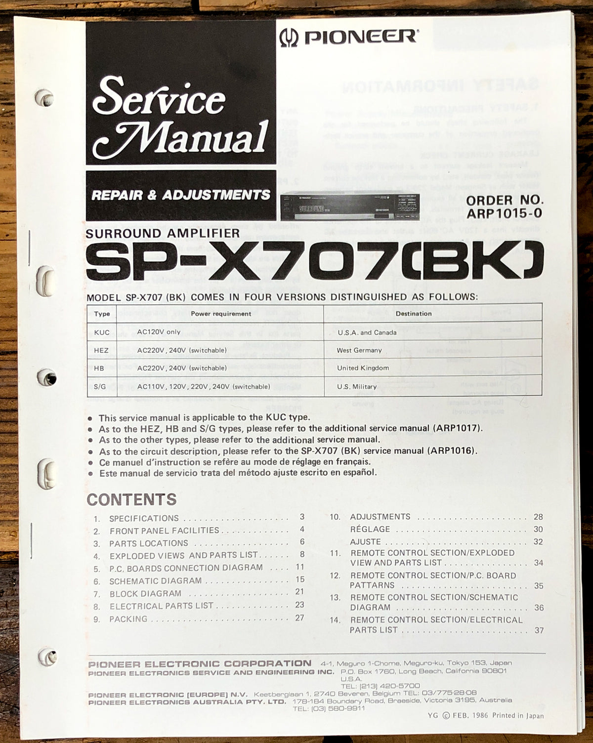 Pioneer SP-X707 Amplifier Service Manual *Original* #1