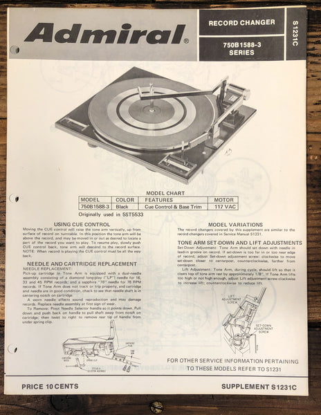 Admiral 750B 1588-3 Record Player / Turntable Service Manual *Original*