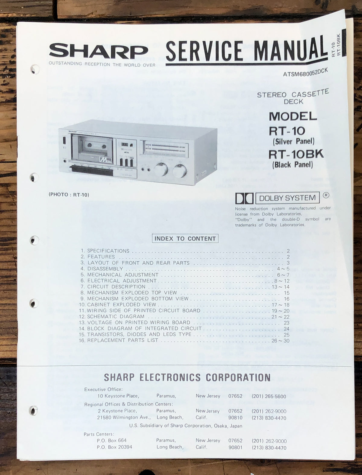 Sharp RT-10 RT-10BK Cassette Service Manual *Original*