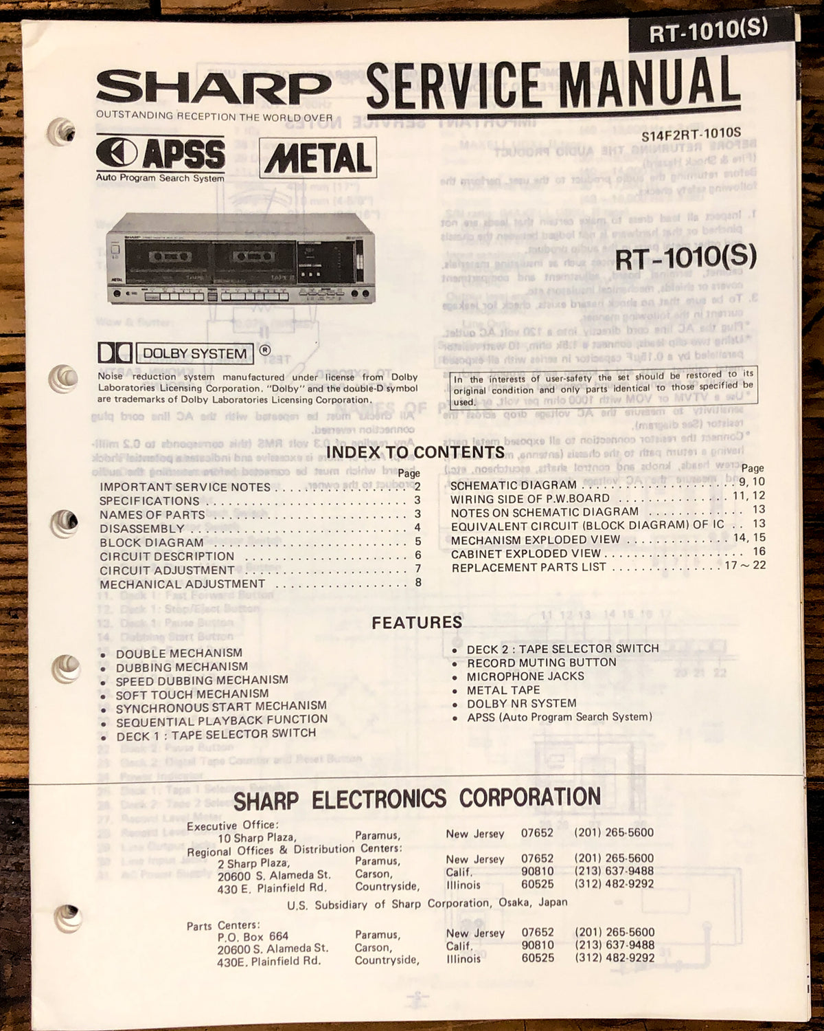 Sharp RT-1010 Cassette Service Manual *Original*