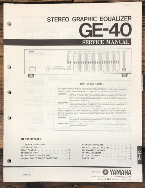 Yamaha GE-40 Graphic Equalizer  Service Manual *Original*