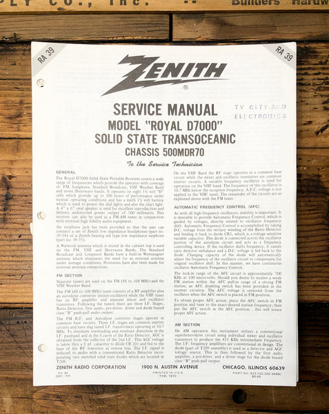 Zenith Royal D7000 Transoceanic Radio  Service Manual *Original*