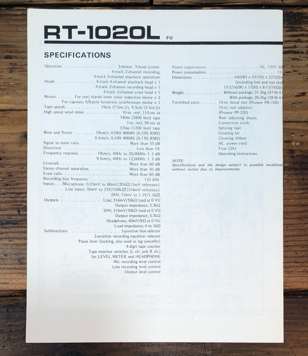 Pioneer RT-1020L Reel to Reel Fold Out Schematic *Original*
