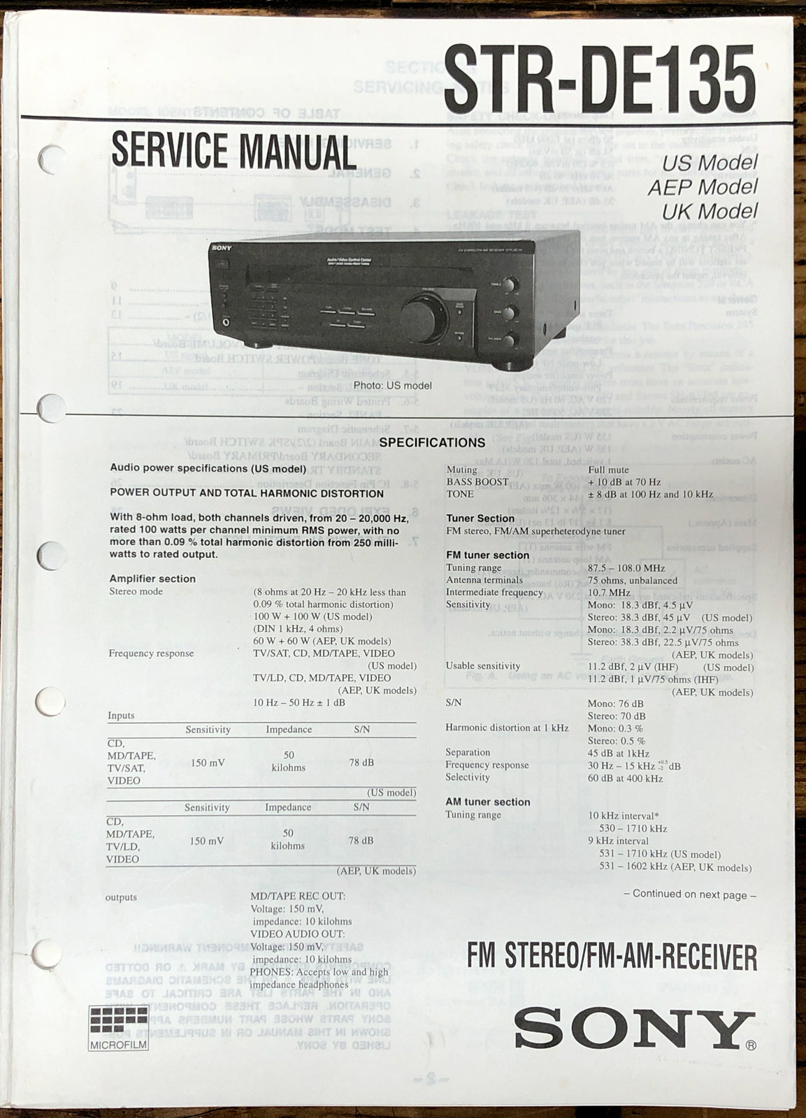 Sony STR-DE135 Receiver  Service Manual *Original*