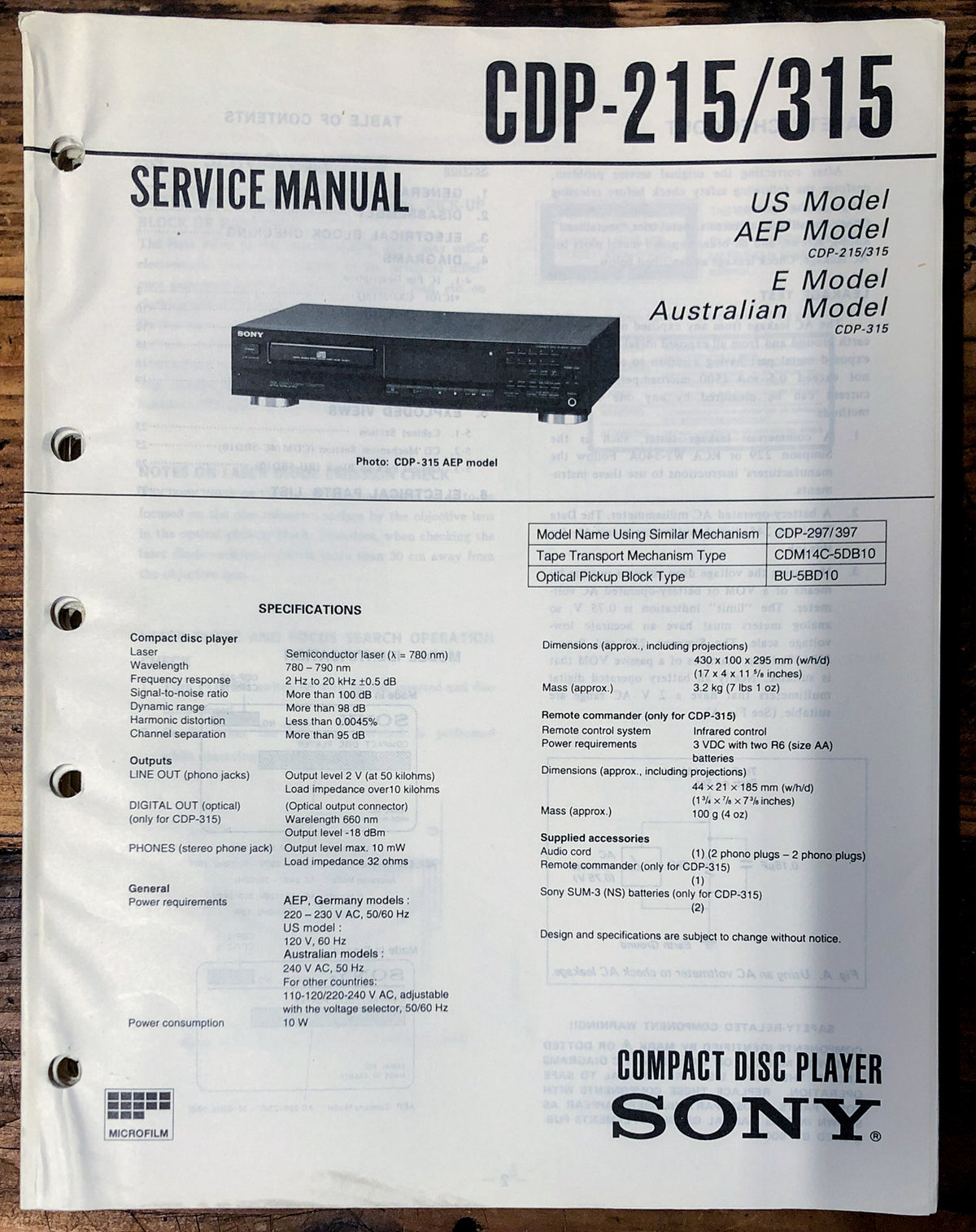 Sony CDP-215 CDP-315 CD Player  Service Manual *Original*