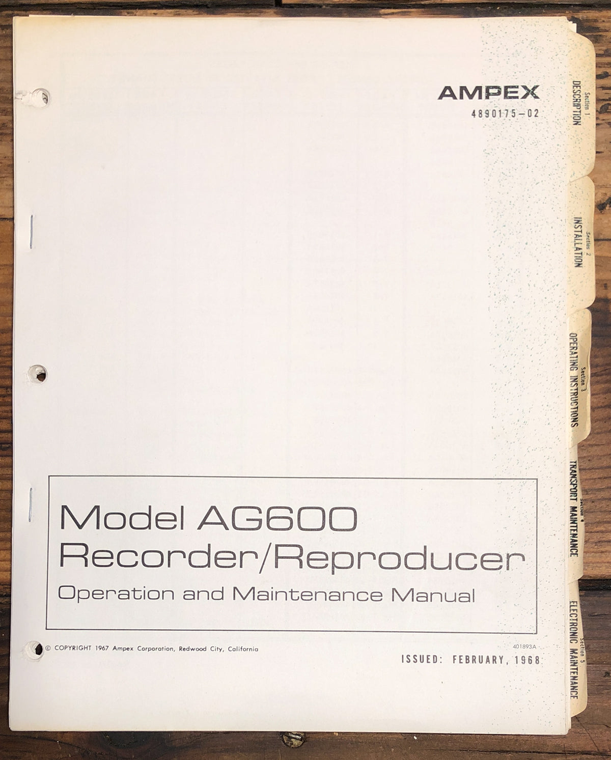Ampex AG600 AG-600 Recorder / Reproducer Operation &  Service Manual *Original*