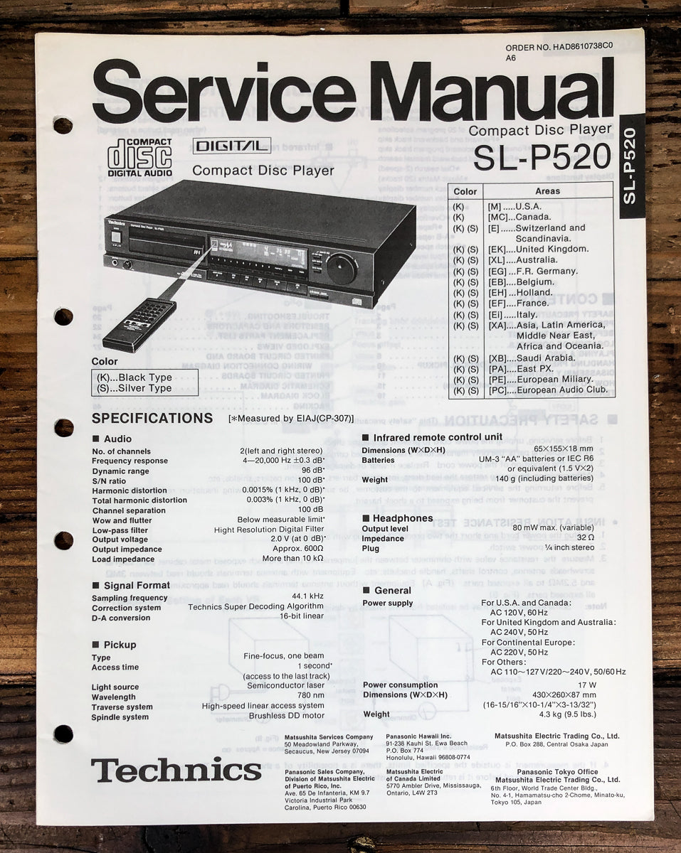 Technics SL-P520 CD Player Service Manual *Original*