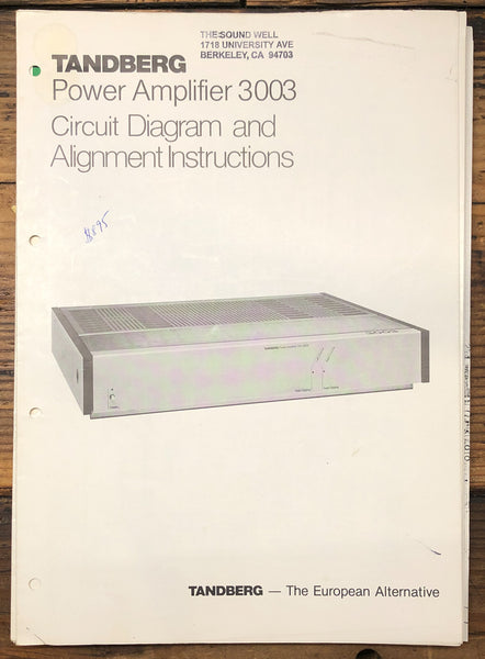 Tandberg Model 3003 Amplifier Circuit Diagram & Alignment Manual  *Original*