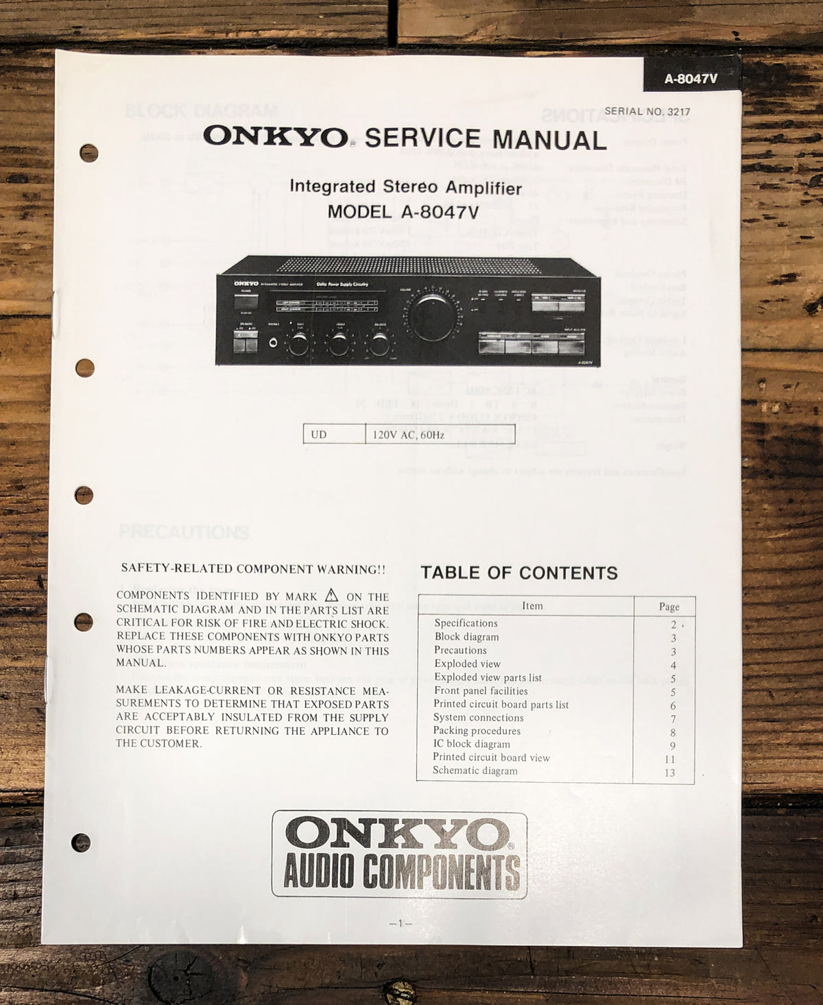Onkyo A-8047V Amplifier Service Manual *Original*