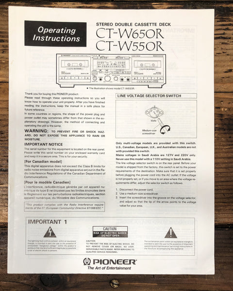 Pioneer CT-W550R CT-W650R Cassette Owners / User Manual *Original*