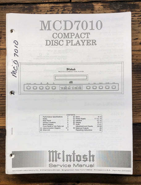 McIntosh MCD7010 MCD-7010 CD Player  Service Manual *Original*