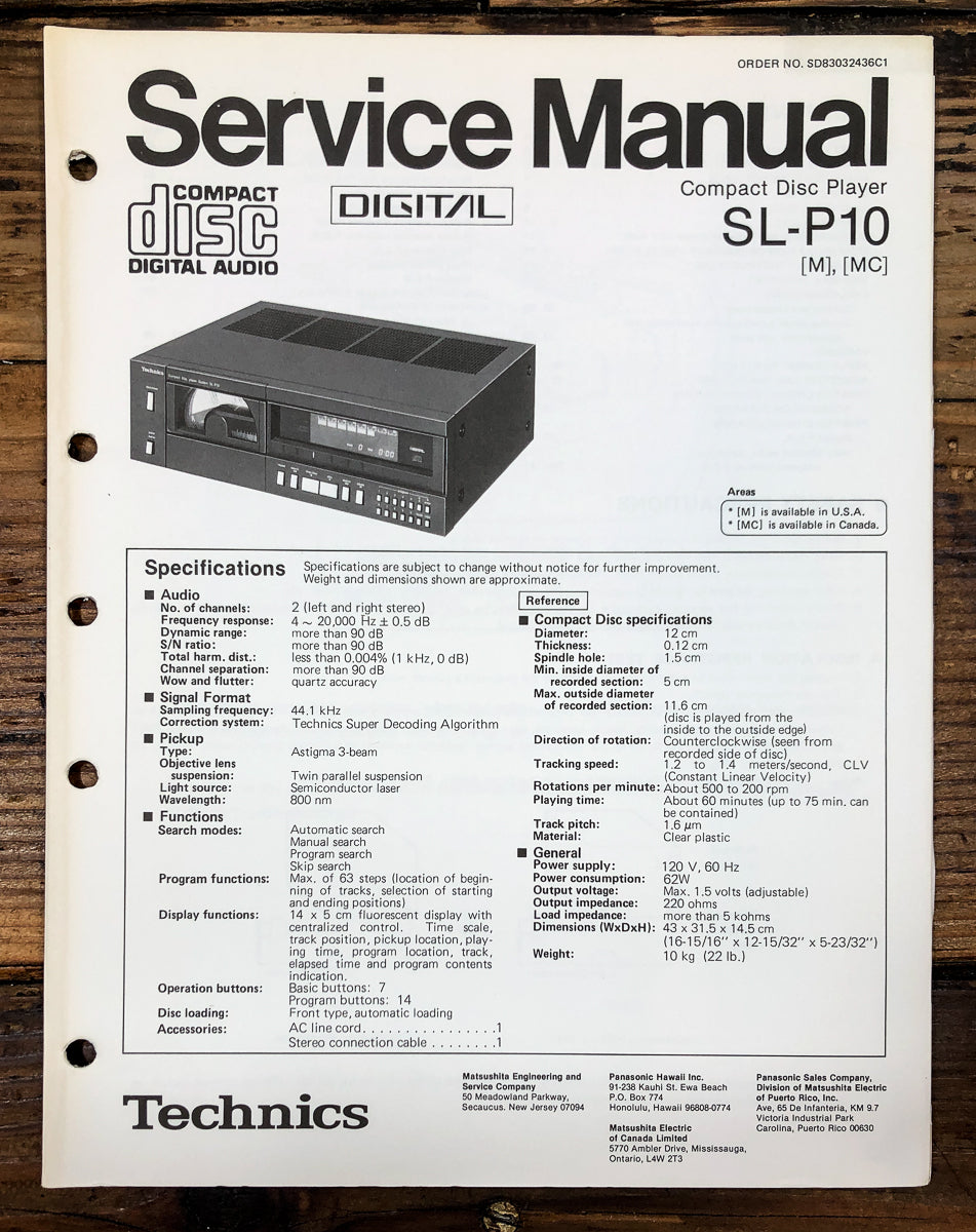 Technics SL-P10 CD Player Service Manual *Original*