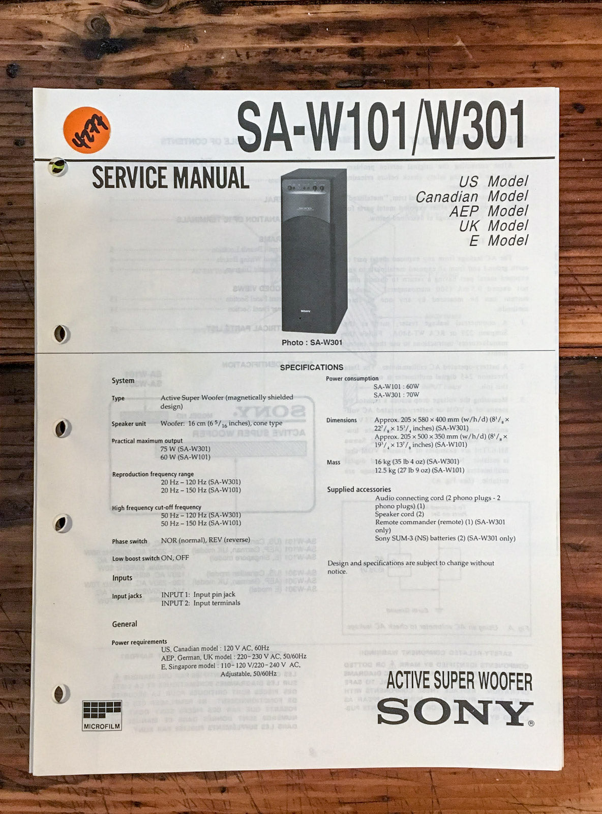 Sony SA-W101 SA-W301 Speaker  Service Manual *Original* #1