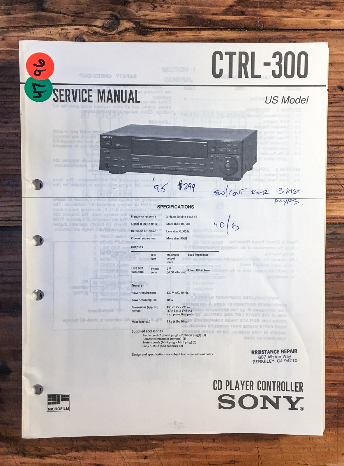 Sony CTRL-300 CD Player Controller  Service Manual *Original*